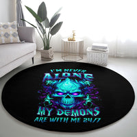 Black round carpet with neon blue-purple skull graphic and 'MY DEMONS ARE WITH ME 24/7'