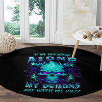 Black round carpet close-up with neon skull flames and 'MY DEMONS ARE WITH ME 24/7'