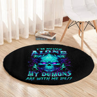Black round carpet with centered neon skull graphic and 'MY DEMONS ARE WITH ME 24/7'