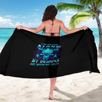 Black flame skull sarong with neon text graphic, wide wrap beach cover
