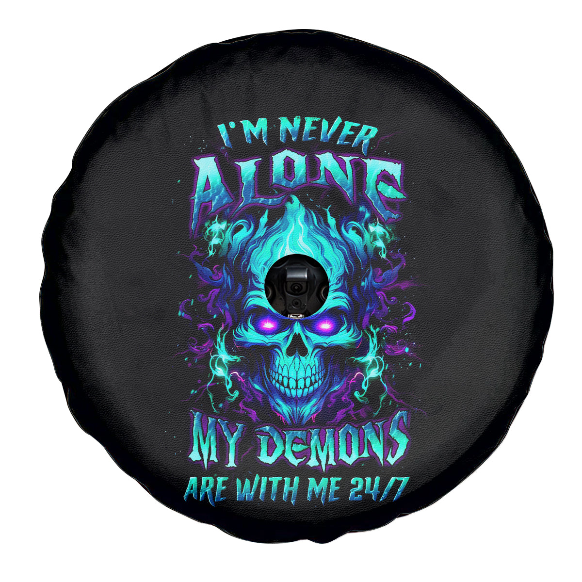 Flame Skull Spare Tire Cover I'm Never Alone My Demons With Me 24/7 - Wonder Print Shop