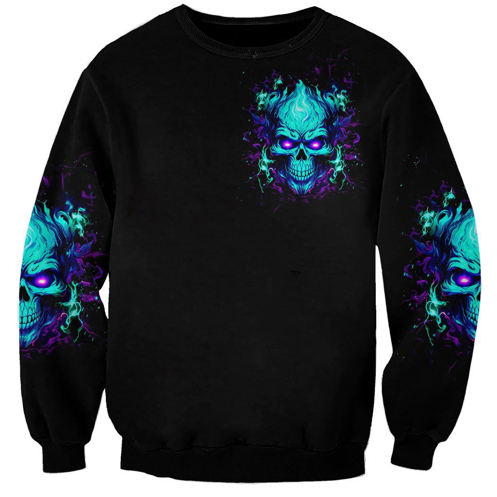 Black unisex crewneck sweatshirt with neon flaming skull graphic, long sleeves