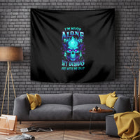 Black tapestry wall hanging with glowing blue skull graphic and neon slogan, large