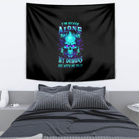 Black tapestry wall hanging with blue skull graphic and neon text, rectangular
