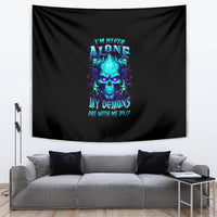 Black tapestry wall hanging with blue skull graphic and neon message, rectangular