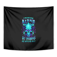 Black tapestry wall hanging, centered blue skull graphic with neon multicolor text