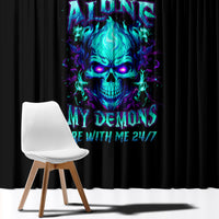 Black window curtain panel with neon flame skull graphic and dark fantasy lettering