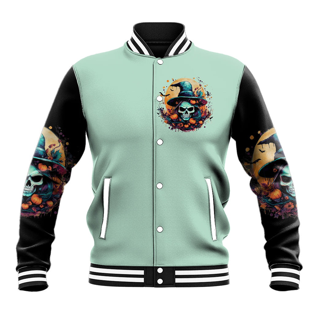 Unisex mint baseball jacket with witch skull logo, black sleeves and striped collar