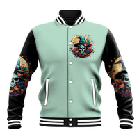 Unisex mint baseball jacket with witch skull logo, black sleeves and striped collar