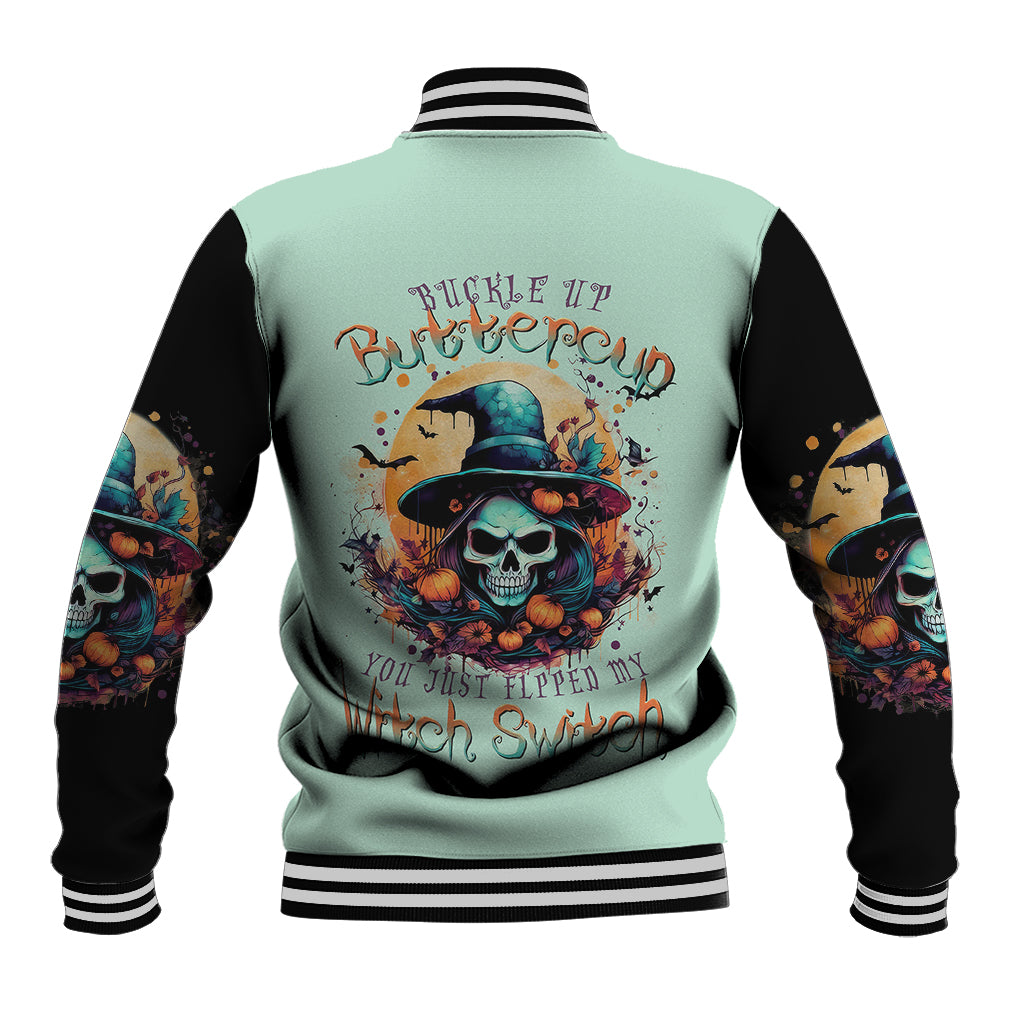 Unisex mint and black baseball jacket with witch skull back graphic