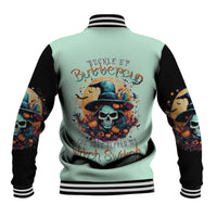 Unisex mint and black baseball jacket with witch skull back graphic