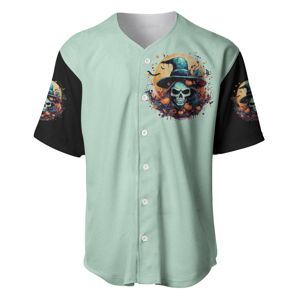 Seafoam baseball jersey with black sleeves, button front and witch skull chest graphic