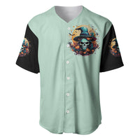 Seafoam baseball jersey with black sleeves, button front and witch skull chest graphic
