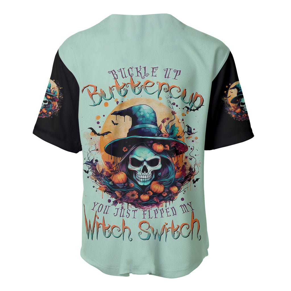 Seafoam and black baseball jersey with witch skull graphic, back text design