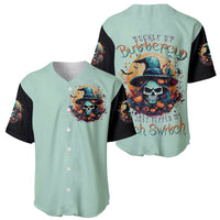Seafoam and black baseball jerseys with witch skull graphics, front buttons and back print