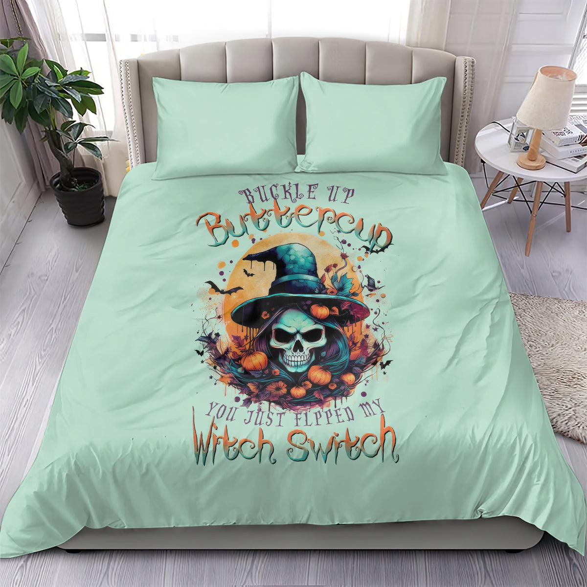 Mint blue bedding set with witch skull graphic and two matching pillowcases