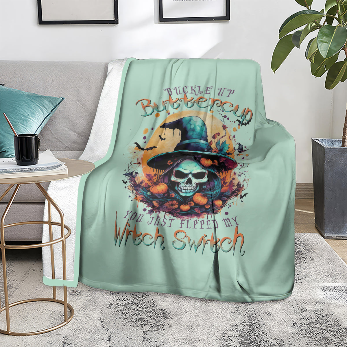 Mint green witch skull graphic throw blanket, Buckle Up and Witch Switch slogan
