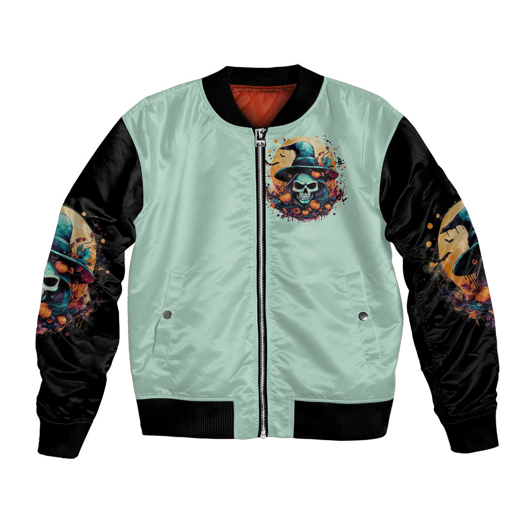 Unisex mint and black bomber jacket with front skull witch graphic, zip-up front