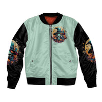 Unisex mint and black bomber jacket with front skull witch graphic, zip-up front