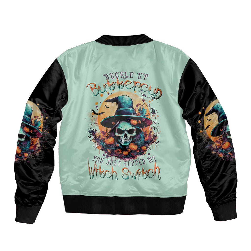 Unisex mint and black bomber jacket with skull witch graphic on back