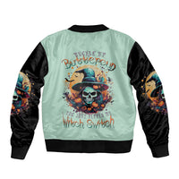 Unisex mint and black bomber jacket with skull witch graphic on back