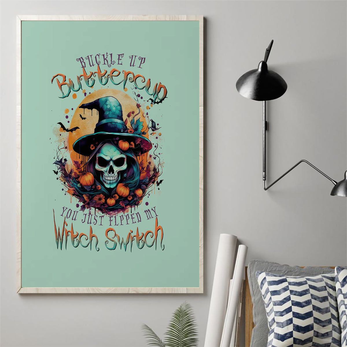 Teal canvas wall art with witch skull in hat, no visible frame