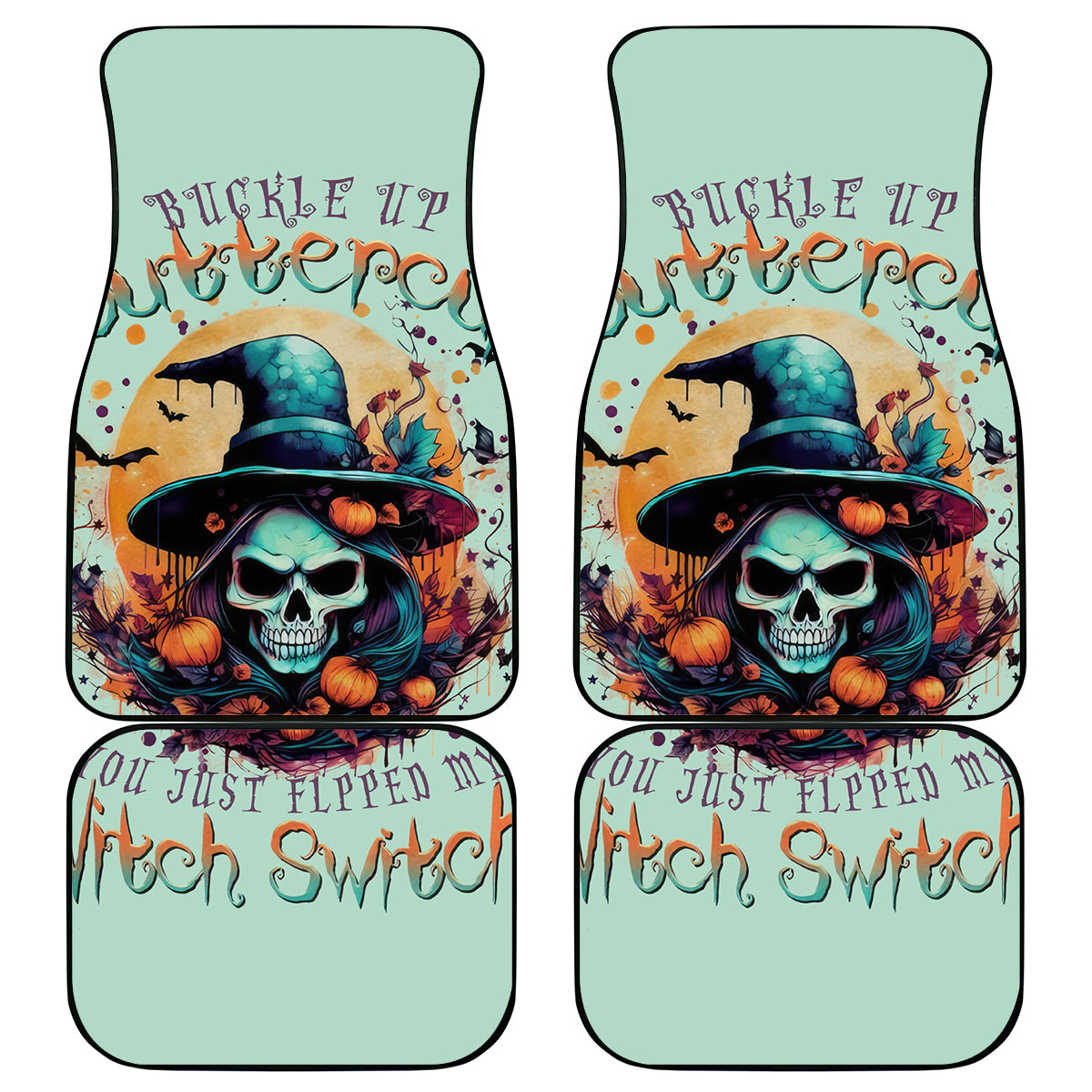 Set of four witch skull car floor mats with mint backing and “Buckle Up” lettering