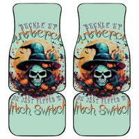 Set of four witch skull car floor mats with mint backing and “Buckle Up” lettering