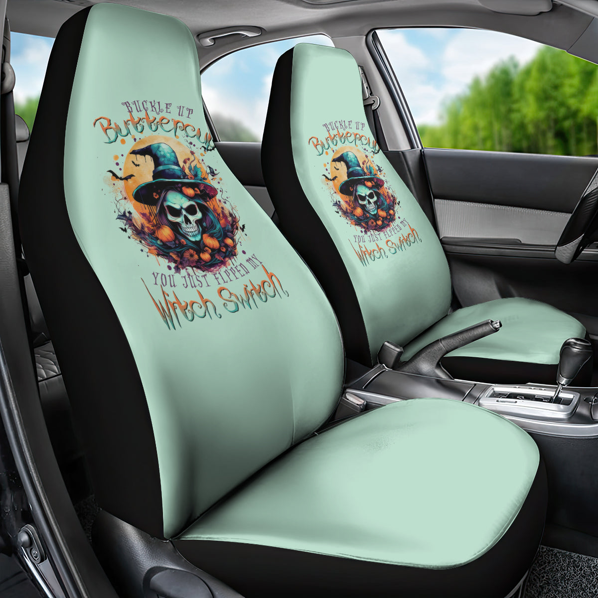 Witch Skull Car Seat Cover Buckle Up Buttercup You Just FLipped My Witch Switch - Wonder Print Shop