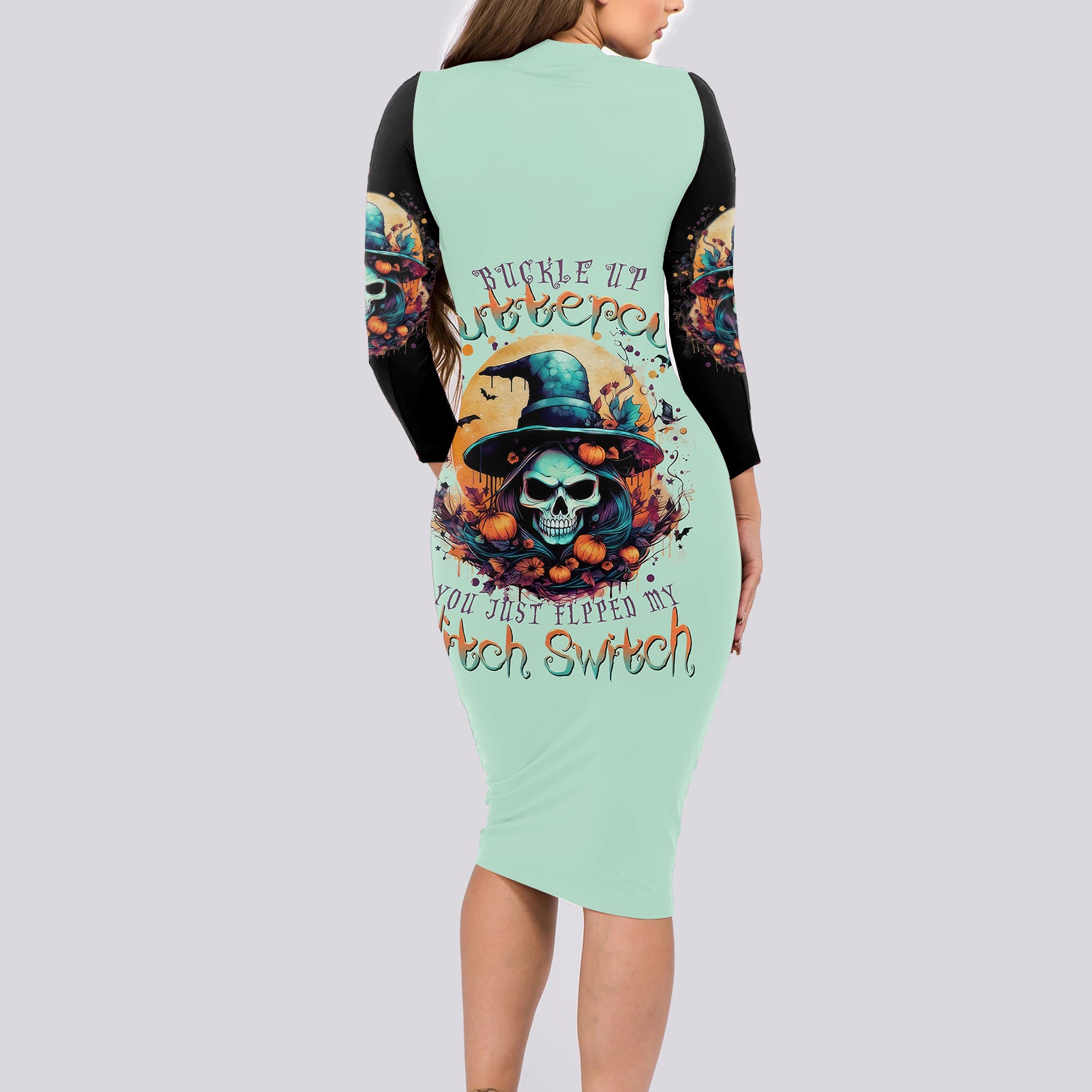 Witch Skull Long Sleeve Bodycon Dress Buckle Up Buttercup You Just FLipped My Witch Switch - Wonder Print Shop