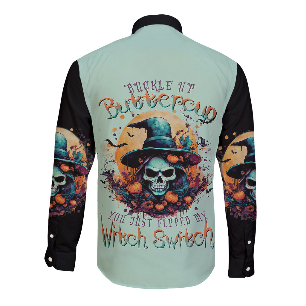 Witch Skull Long Sleeve Button Shirt Buckle Up Buttercup You Just FLipped My Witch Switch - Wonder Print Shop