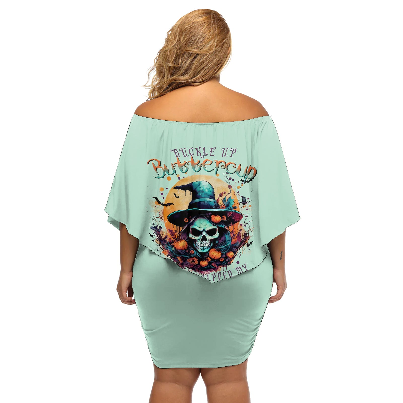 Witch Skull Off Shoulder Short Dress Buckle Up Buttercup You Just FLipped My Witch Switch - Wonder Print Shop