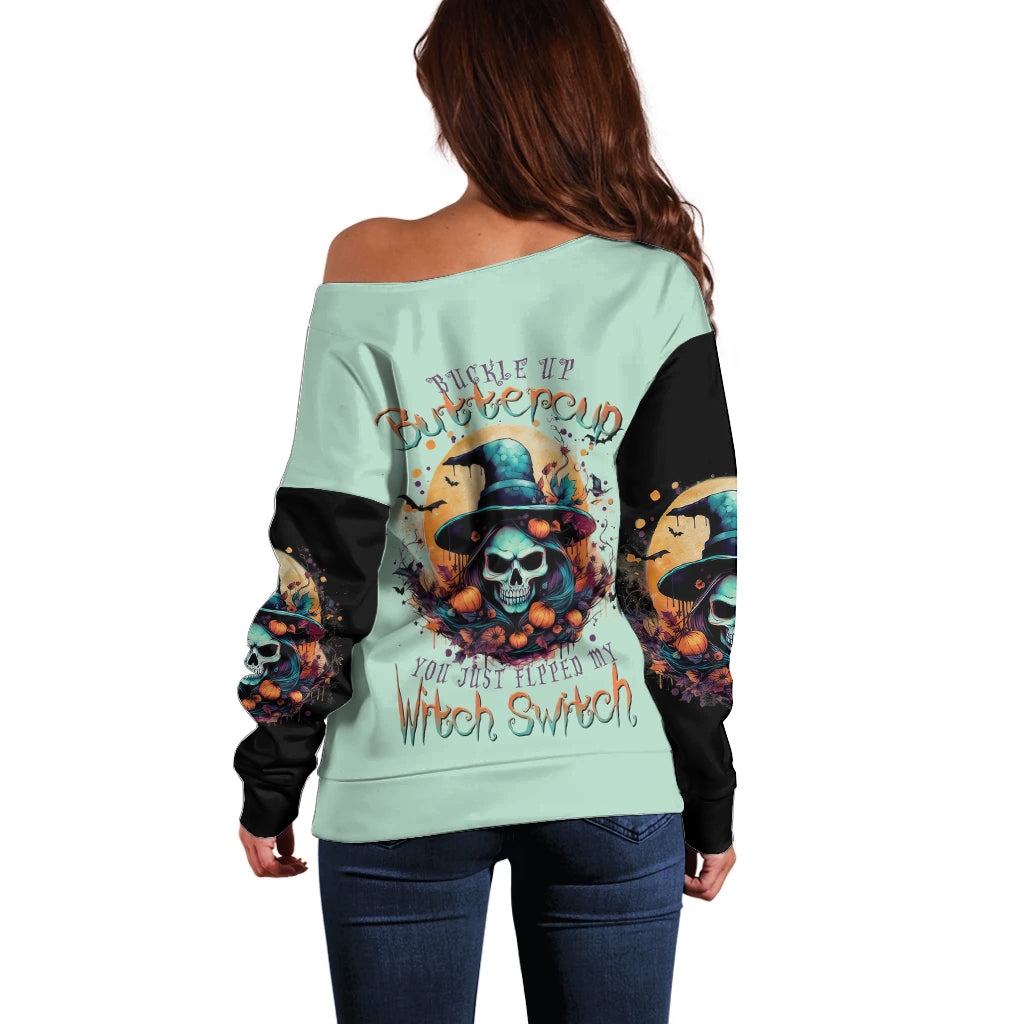 Witch Skull Off Shoulder Sweater Buckle Up Buttercup You Just FLipped My Witch Switch - Wonder Print Shop