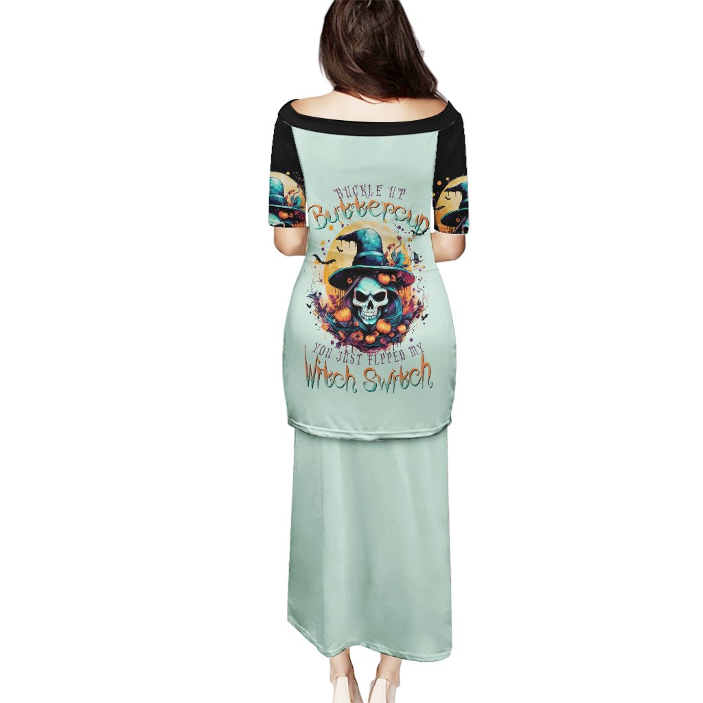 Mint long dress with skull witch graphic, black off-shoulder sleeves, scoop neck