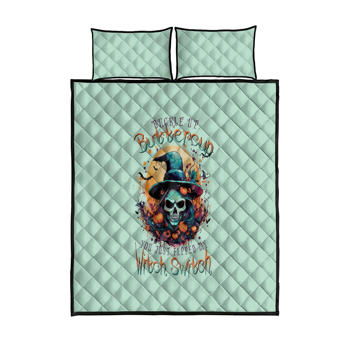 Seafoam blue quilt bed set with centered skull and witch artwork, two pillow shams included