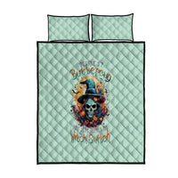 Seafoam blue quilt bed set with centered skull and witch artwork, two pillow shams included