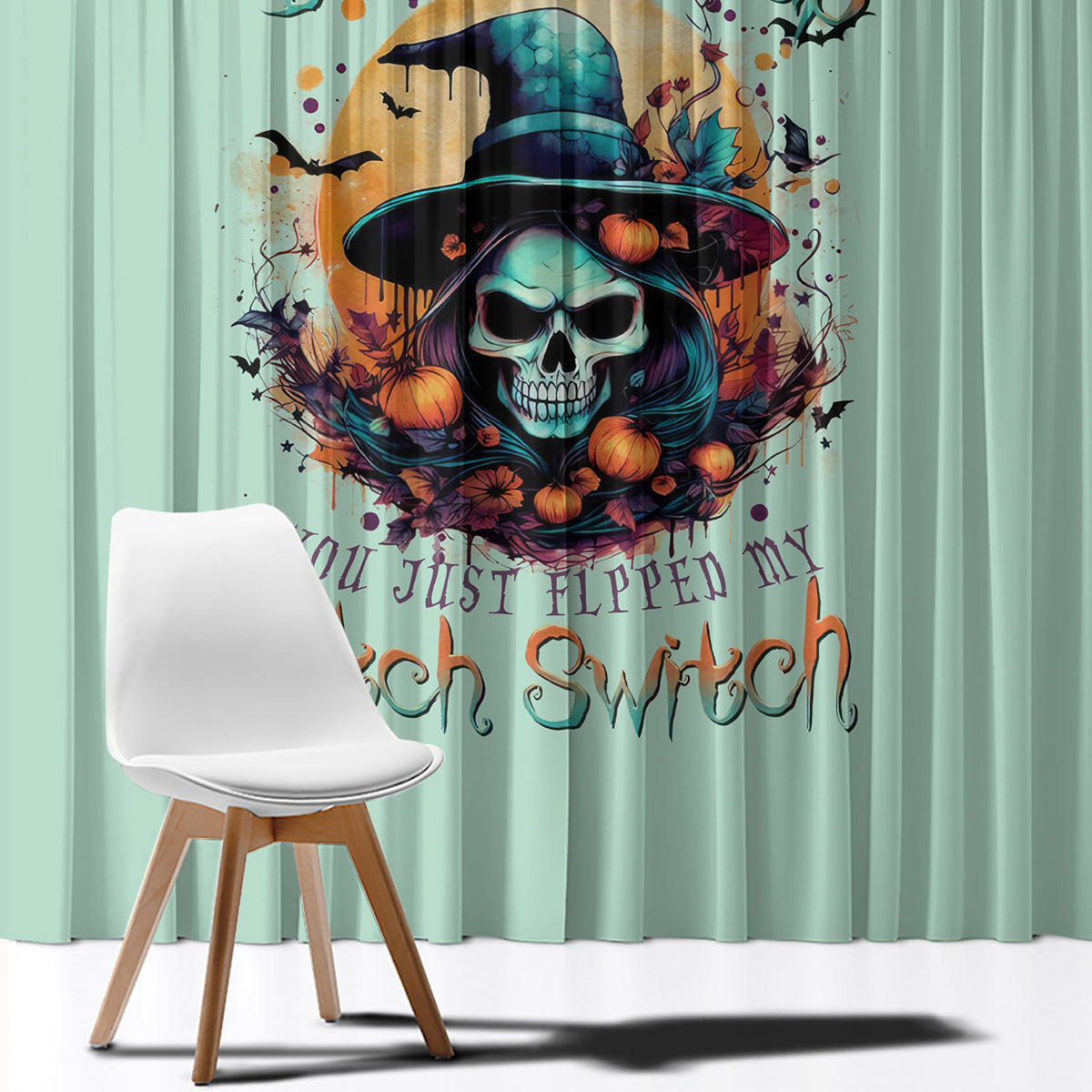 Teal witch skull window curtain, two panels with colorful skull-and-witch print
