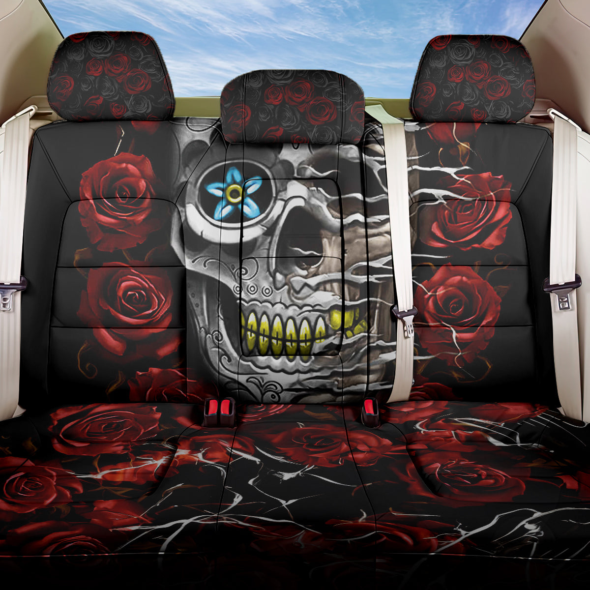 Dia De Muertos Back Car Seat Cover Day Of The Death Rose Skull - Wonder Print Shop