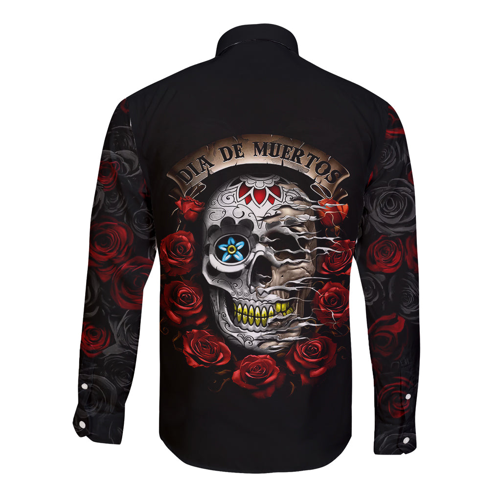 Dia De Muertos Long Sleeve Button Shirt Day Of The Death Rose Skull - Wonder Print Shop