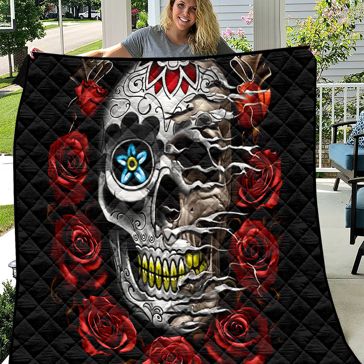 Dia De Muertos Quilt Day Of The Death Rose Skull DT01