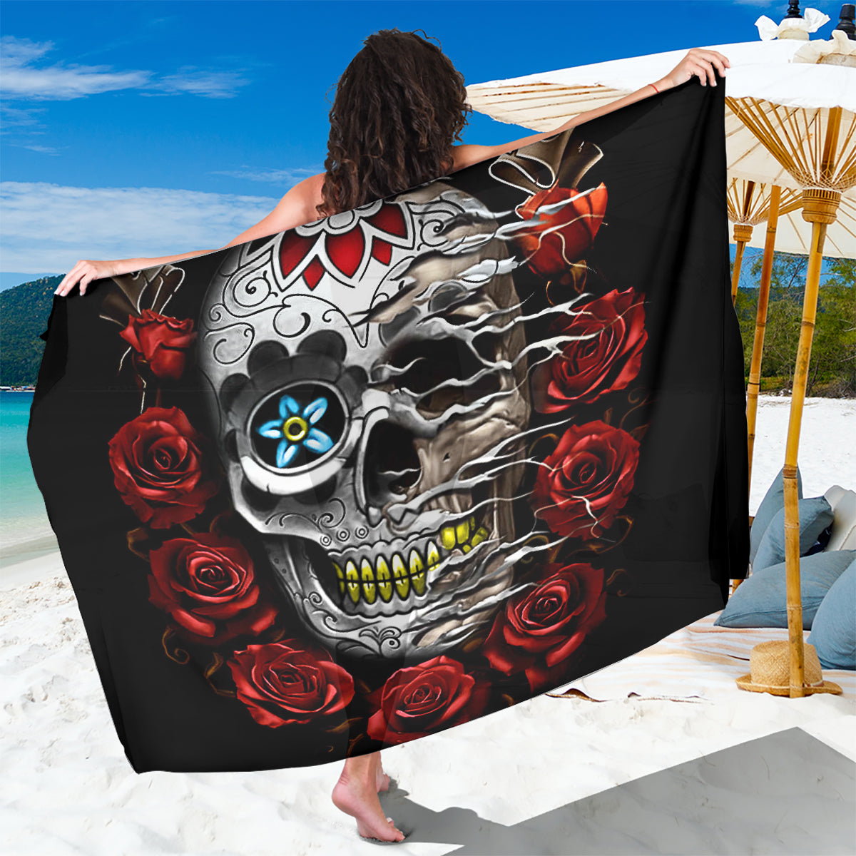 Dia De Muertos Sarong Day Of The Death Rose Skull DT01