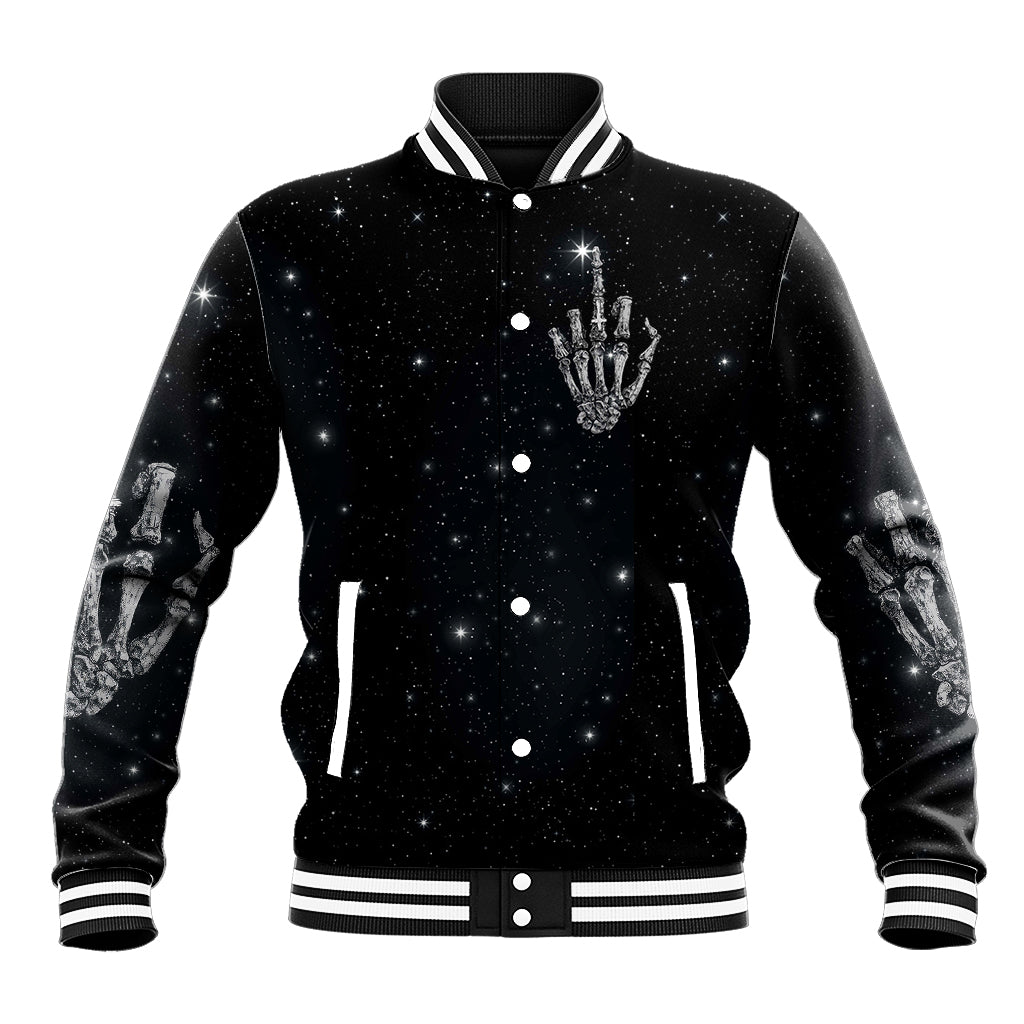 Black baseball jacket with starry print, front skeleton hand graphic, button front and striped trim.