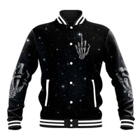 Black baseball jacket with starry print, front skeleton hand graphic, button front and striped trim.