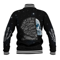 Black baseball jacket with star print, ribbed striped collar and back slogan graphic.