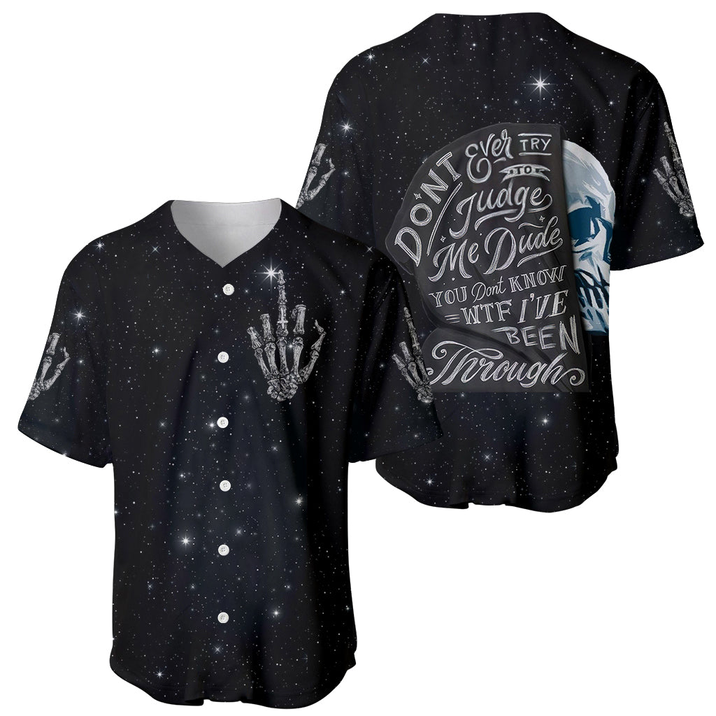 Black baseball jersey (two views) with starry print and hand graphic