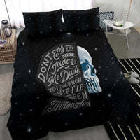Black starry duvet cover set with skull profile graphic and matching pillowcases