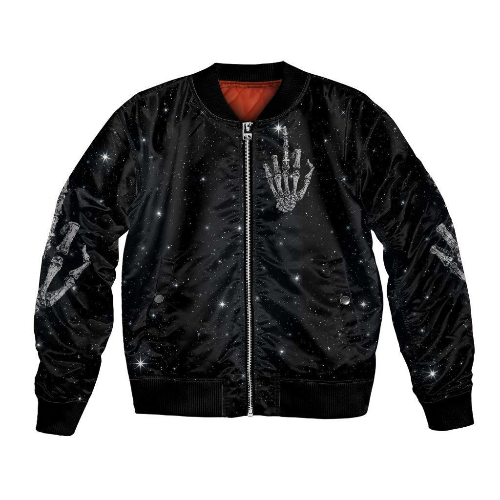 Black unisex bomber jacket with front zipper and distressed skull-hand graphic