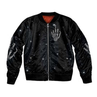 Black unisex bomber jacket with front zipper and distressed skull-hand graphic