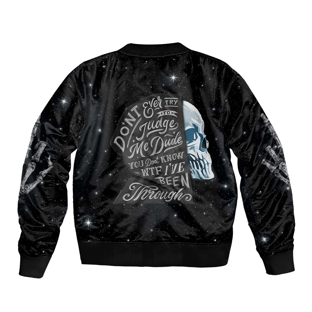 Black unisex bomber jacket with back skull graphic and slogan text