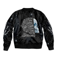 Black unisex bomber jacket with back skull graphic and slogan text